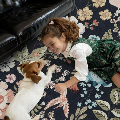 DCX Black Floral Rug 2x6, Washable Black Rug for Living Room, Kid & Pet Friendly with Rubber Back Non Slip, Soft Low Pile Carpet, Stain Resistant Rug for Bedroom, Nursery, Dining Room