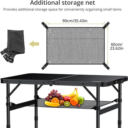 Anbte Folding Camping Table, 36" x 24" Portable Table Adjustable Height Max 28 inch Aluminum Folding Table with Storage Net, Lightweight, Portable Handle for Travel, Outdoor, Backyard (Black)