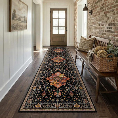 RELEANY Area Rugs 3'x10' Runner Rug Non Slip Washable for Kitchen Hallway Bedroom Beside Laundry Room Bathroom Rug, Floor Carpet, Black Colorful Floral Dark Tan