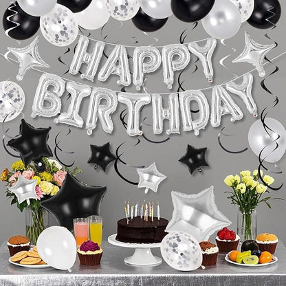 55 Pcs Happy Birthday Balloons Letters Banner with 35 Pcs Star Foil Balloon, 20 Pcs Latex Balloons, 6 Hanging Swirls for Women Men Boys Girls Birthday Party Decorations Set ﻿ (Silver)