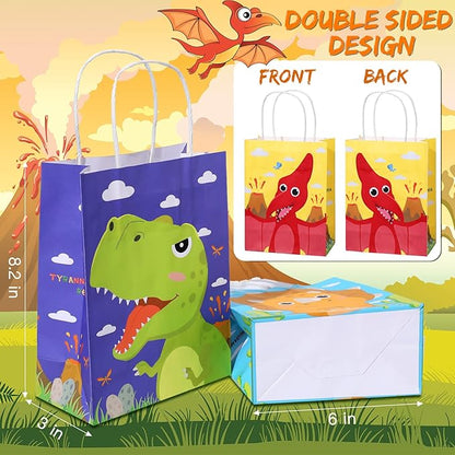 Pajean 24 Pcs Dinosaur Candy Bags with Handle, Dinosaur Party Favor Paper Bags Kids Gifts Goodie Treat Wrapping for Boys Girls Dino Theme Birthday Baby Shower Party Supplies(Cartoon Style)