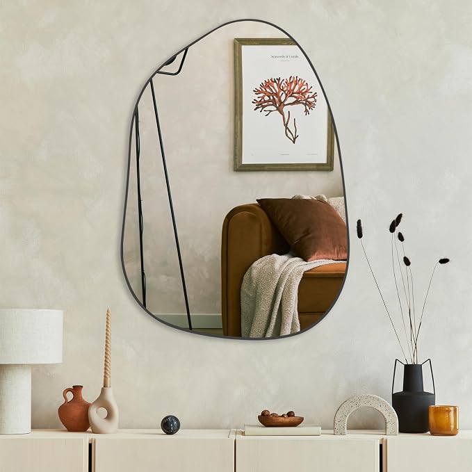 PERFNIQUE Irregular Wall Mirror Asymmetrical Mirror, 27''x19'' Black Mirror for Bathroom Bedroom Living Room Entryway, Decorative Modern Wall Decor, Wall Mounted Mirror (Black, 27''x19'')