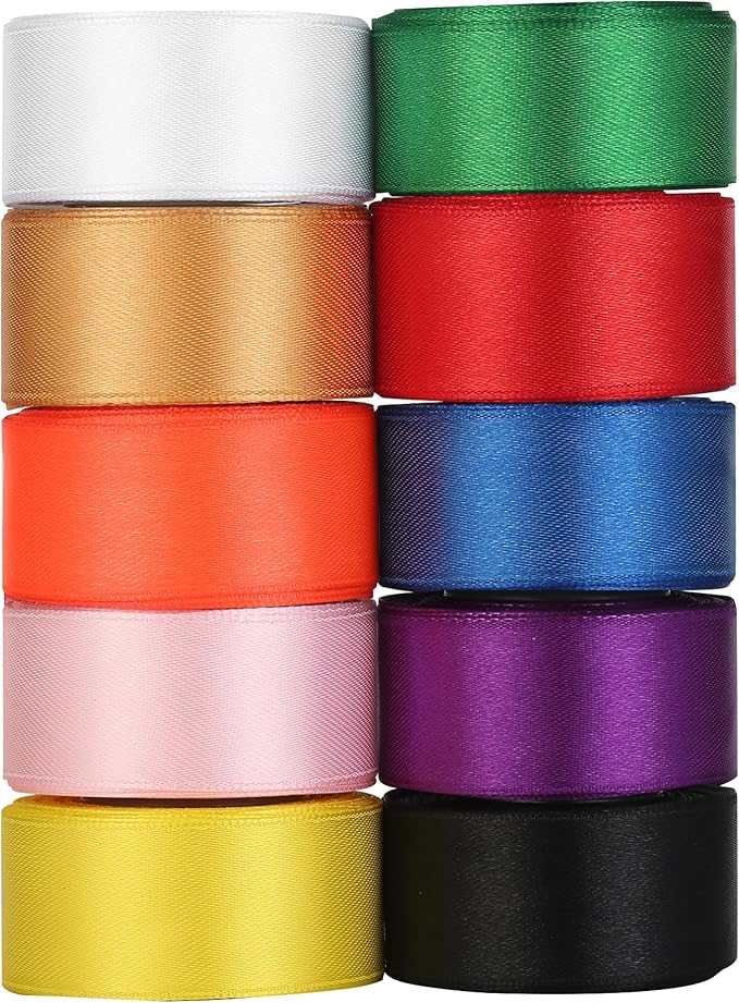 LIUYAXI 1 Inch Rainbow Ribbon Double Faced Stain Ribbon Solid Color Assorted Fabric Ribbon for Crafts,Gift Wrapping,Hair Bows,Wedding Party Decor,Floral Arrangement - 10 Rolls,Total 100 Yards