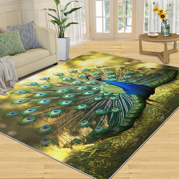 Peacock Rug 8x10-8x10 Rug, Wonderful Peacock Area Rugs for Bedroom, Nature Rugs for Living Room, Modern Style Washable Mat, Aesthetics Carpet - Peafowl Home Decor & Gifts