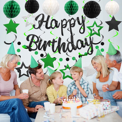 Birthday Decorations, NO DIY, Pre-Strung Happy Birthday Banner with Honeycomb Ball, Hanging Swirl, Circle Dots Garland, Happy Birthday Party Decorations for Women Men Boys Girls (Green & Black)