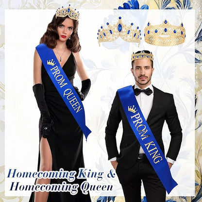 Ferreve 4 Pcs Prom King and Queen Crowns and Sashes Set Graduation Prom King and Queen Tiara Sash for 80's Prom Party Favors(Blue)