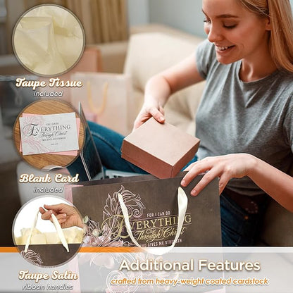 Christian Art Gifts Decorative Large Landscape Gift Bag w/Card & Tissue Paper Set for Women: Everything Through Christ - Phil. 4:13 Inspirational Bible Verse Golden Floral, Pastel Pink & Iris Brown