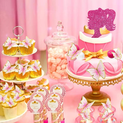 MEMOVAN Hot Pink Girl Cake Toppers 27pcs Pink Ball Butterfly Cake Decoration Princess Theme Cake Decoration for Boho Girls Princess Theme Wedding Baby Shower Birthday Party Supplies