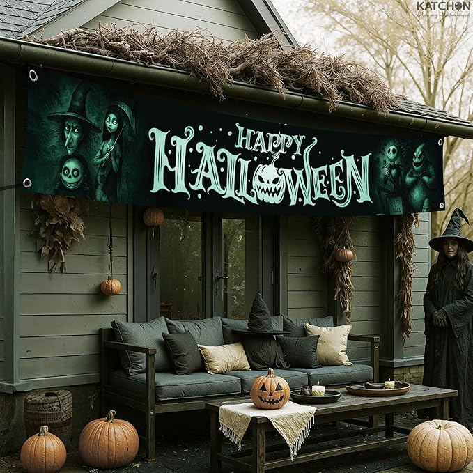 KatchOn, Happy Halloween Banner For Outdoor - 120x20 Inch | Halloween Yard Banner Decoration for Yard | Outdoor Banner for Porch, Fence or Garden Decoration | Hanging Banners for Halloween Decorations
