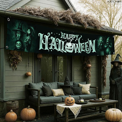 KatchOn, Happy Halloween Banner For Outdoor - 120x20 Inch | Halloween Yard Banner Decoration for Yard | Outdoor Banner for Porch, Fence or Garden Decoration | Hanging Banners for Halloween Decorations