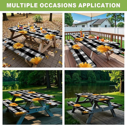 ANNA QUEEN 6FT Sunflower Picnic Table Cover Set 3PCS 72"x30", Waterproof Outdoor Bench and Tablecloth Furniture Protection for Camping Beach BBQ Patio Backyard (Small Flowers)