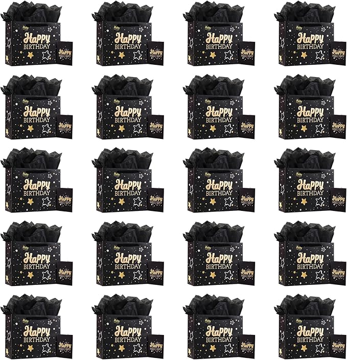 13" Black Happy Birthday Gift Bag with Tissue Paper and Greeting Card for Party,Happy Birthday Gift Bag for Men Women,Gift Bags Medium size(20 PCS Black Hot Stamping)