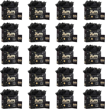 13" Black Happy Birthday Gift Bag with Tissue Paper and Greeting Card for Party,Happy Birthday Gift Bag for Men Women,Gift Bags Medium size(20 PCS Black Hot Stamping)