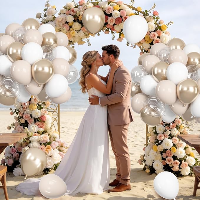 Ouddy Life 71pcs White Sand Cream Balloons Set, 12 inch Metallic Champagne Gold Nude Beige Clear Latex Balloons for Engagement Boho Wedding Baby Bridal Shower Birthday Anniversary Party Decorations