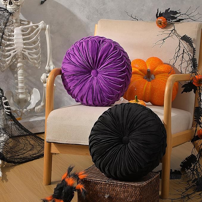 2 Pcs Round Throw Pillows 15 Inch Decorative Velvet Pleated Pumpkin Floor Boho Pillows for Living Room Couch Chair Bed Sofa (Black and Purple)