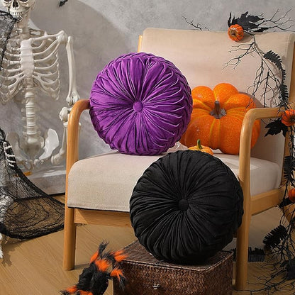 2 Pcs Round Throw Pillows 15 Inch Decorative Velvet Pleated Pumpkin Floor Boho Pillows for Living Room Couch Chair Bed Sofa (Black and Purple)