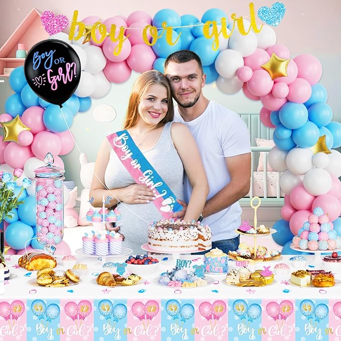 170 PCs Baby Boxes Gender Reveal Decorations, Hombae Boy or Girl Gender Reveal Decorations What Will Baby Be Backdrop Balloon Garland Banner Tablecloth Cake Cupcake Topper Cutout Poster Sash Pink Blue