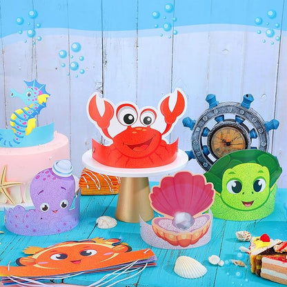 24 Pcs Under the Sea Party Hats - Ocean Theme Headbands for Girls and Kids, Sea Animals Paper Crowns for Birthday Decoration