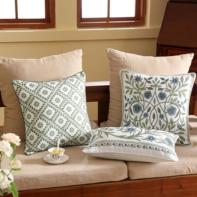 ISAENNE Design Fresh Linen Square Throw Pillow Covers 18"x18", French White Cottage Cushion Covers with Green Branches Pattern Decoration Pillowcases for Bed,Living Room,Outdoor,Car