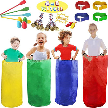 28PCS Potato Sack Race Bags, Egg and Spoon Race,Carnival Games 3-Legged Relay Race Bands, Outdoor Games for Kids and Adults (with Game Prizes & Whistles), Outside Yard Lawn Birthday Party Games