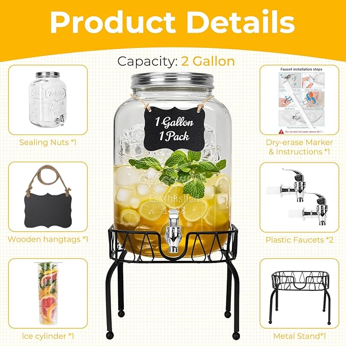 DHSBTLS 2 Gallon Glass Drink Dispensers, 1 Pack Clear Beverage Dispenser for Party, BBQ and Picnic, Juice Dispenser with Ice Core, Black Stand, Spigot, Markers and Chalkboard