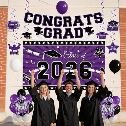 Graduation Decorations 2026, Purple Black Graduation Party Decorations Set with Class of 2026 Backdrop Congrats Grad Banner 18inch Foil Grad Star Balloons Hanging Streamers Kit for High School College