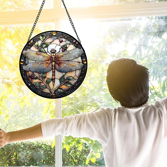 Stained Glass Window Hanging - Dragonfly Plant Suncatcher Ready to Hang Window Doors Home Decoration, Christmas, Mother's Day Birthday Gifts for Women, Men, and Mom 6.3X6.3IN
