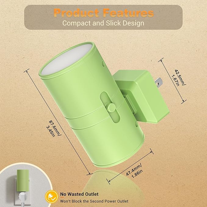 JandCase Night Lights Plug into Wall, Dimmable Night Light Plug in with Green Shade, Modern Night Lights with Dusk to Dawn Sensor, Soft White 3000K, 0-100LM Nightlight for Hallway Bedroom, 2 Pack