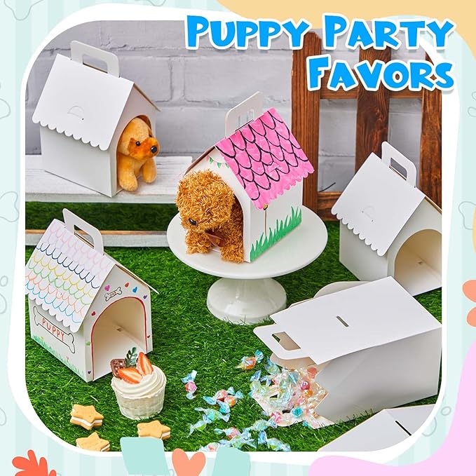 ShinyRelief 16 Pcs Dog Party Favors Boxes Dog House Shaped Treat Gift Boxes with Holes Foldable with Handle for Adopt a Puppy Party Favors Kid DIY Crafting Birthday (House Style)