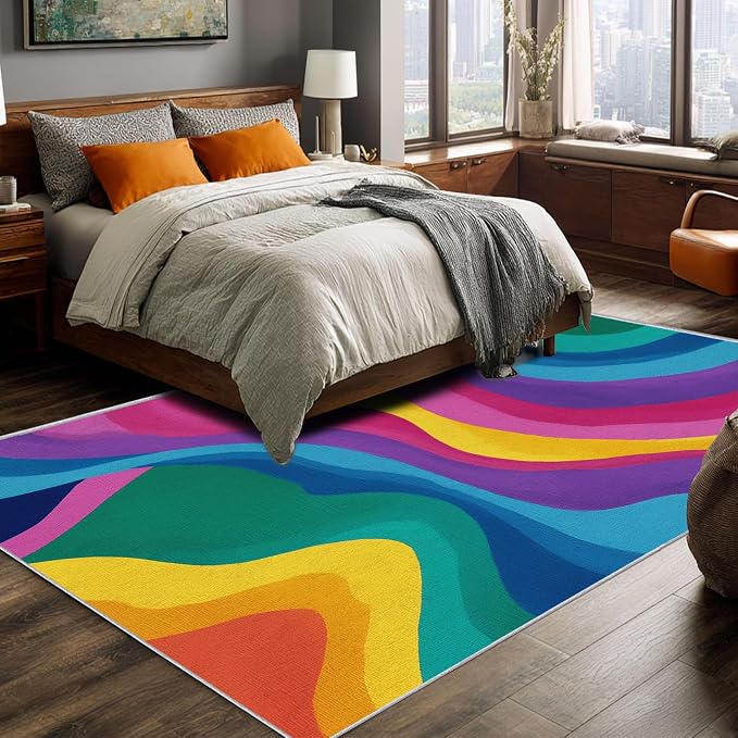 Rainbow Abstract Rugs 6x8, Colorful Retro 70s Washable 6 x 8 Area Rug for Living Room, Bedroom, Low Pile Non Slip Stain Resistant Carpet, Abstract Home Decor Accessories & M889