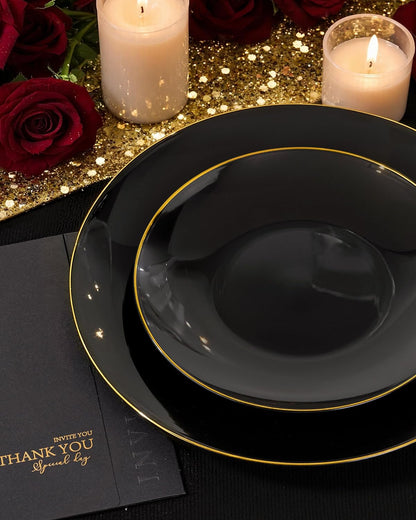 Nervure 100 Pieces Black Plastic Plates - 7.5inch Black Dessert Plates - Disposable Gold Plastic Plate - Disposable Plate Ideal for Wedding & Party & Halloween