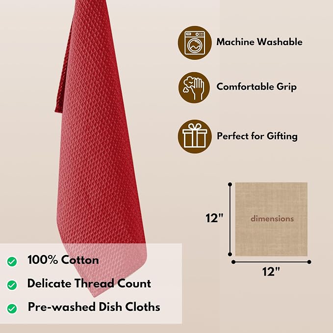 Native Fab Waffle 18 Pack Dish Cloths - 100% Cotton, 12"x12", Absorbent, Quick Drying, Washable Towels for Cleaning, Cooking & Baking - Ideal for Home, Hotels, Bars, Restaurants, Multiple Use - Red