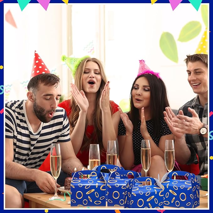 Marspark 36 Pack Blue with Gold Ring Party Favor Treat Boxes with Handles Theme Paper Goodie Candy Gift Gable Boxes for Video Game Birthday Party Decorations(Blue and Golden)