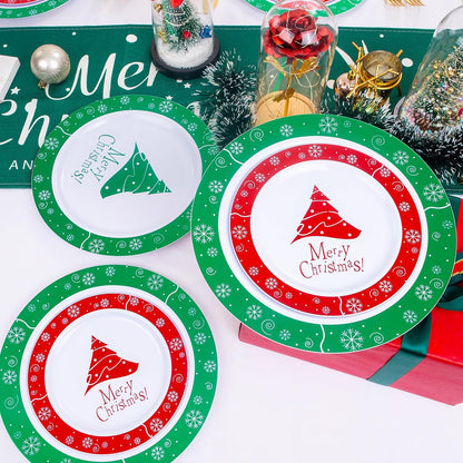 Rubtlamp 60PCS Christmas Plastic Plates, White Plastic Plates With Red and Green Christmas Tree, christmas Party Disposable Plate Include 30 Green Dinner Plate, 30 Red Salad Platos