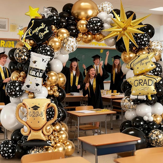 Graduation Balloon Arch Kit Black Gold White Grad Balloons with Explosion Star,Diploma,Trophy,Grad Hat Foil Balloon for Class of 2026 Graduates Celebration Party Decoration (Graduation Black)