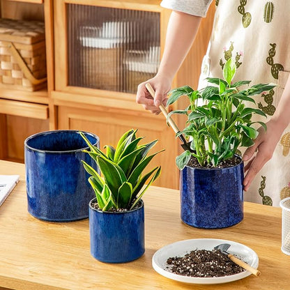 vancasso Ceramic Plant Pots, 4.25+5.25+6.25 Inch Planter Pot with Drainage Hole, Flower Pots for Indoor Outdoor Plants, Set of 3, Blue
