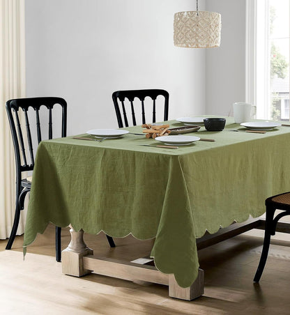 100% French Flax Linen Tablecloths Scalloped Embroidery Rectangle 120Lx60W Inch for Dinners, Parties, Spring, Machine Washable, 10-12 Sets, Olive Green(Edges-Gold)