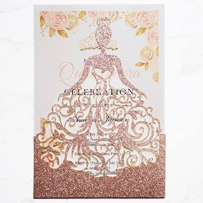 50PCS Personalized Wedding Invitations Cards with Envelopes 5 x7.3 Inch Laser Cut Hollow Girl Princess Pocket with Envelopes Crown Invitations Cards for Quinceañera Birthday Sweet 16, Party Invite (Rose Gold Glitter)