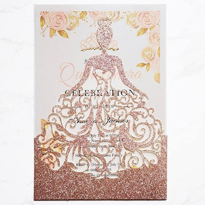 50PCS Personalized Wedding Invitations Cards with Envelopes 5 x7.3 Inch Laser Cut Hollow Girl Princess Pocket with Envelopes Crown Invitations Cards for Quinceañera Birthday Sweet 16, Party Invite (Rose Gold Glitter)