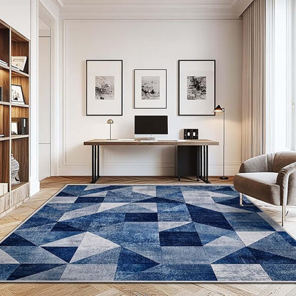 9x12 Navy Blue Area Rug Modern Geometric Blue White Beige Bedroom Rug Soft Low Pile Thin Large Carpet Living Room Non Slip Dining Room Stain Resistant Office Washable Machine