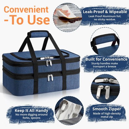 Insulated Double Casserole Carrier - Portable Casserole Carriers for Hot or Cold Food Lunch Tote Warmer or Cooler Bag for Potluck Parties Picnic Cookouts, Fits 9" x 13" Baking Dish - Navy Blue