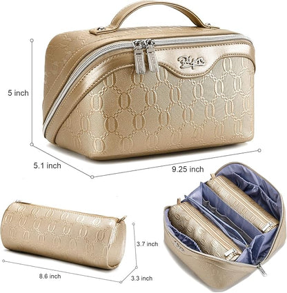 BOYATU Travel Makeup Bag for Women: Cosmetic Organizer Bag with Compartments - Leather Make up Bags Set of 3 (G-5-Gold Yellow)