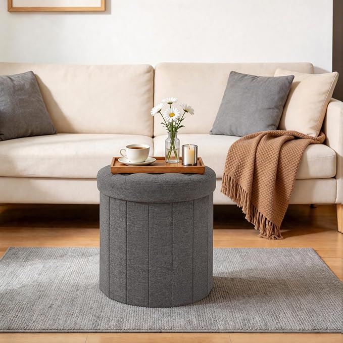 CAROLMADE Round Storage Ottoman, Linen Folding Footrest Stool