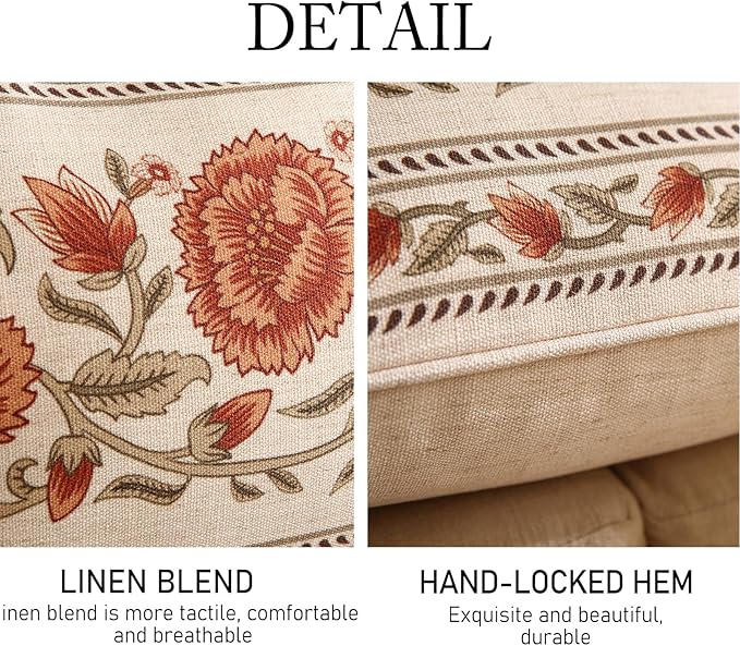 ISAENNE Design Linen Rectangle Vintage Throw Pillow Covers 12"x20", Brick Red Cushion Covers with Orange Floral Green Leaves Pattern Decor Pillowcases for Bed,Living Room,Outdoor,Car