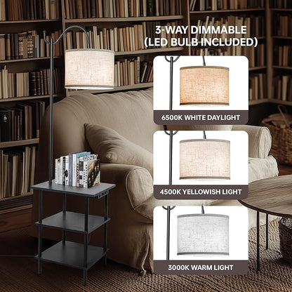 EOEYYOYB Floor Lamp with 3-Tier Shelves, End Table Lamp with USB Charging Port Power Outlet, Side Table Reading Light with 3 Color Temperature Led Bulb Included, Floor Lamps for Living Room, Black
