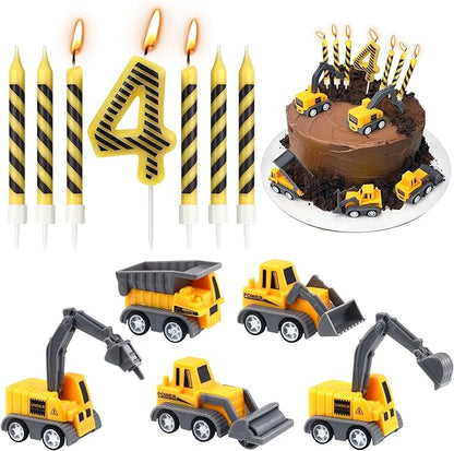 Number 4 Construction Birthday Candles, 12 Pcs Construction Cake Toppers Set, Digger Cake Topper for Birthday Anniversary Party Cake Decorations