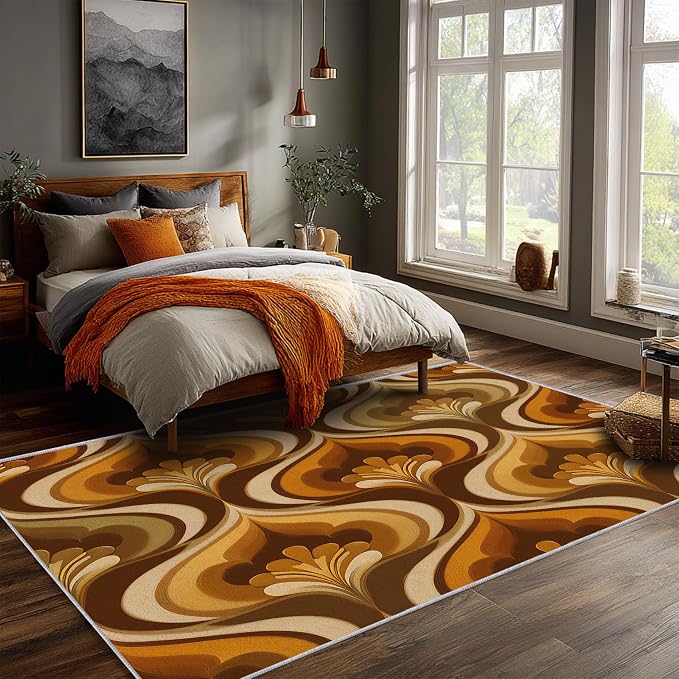 Retro 70s Area Rug 5x8, Mid Century Floral Geometric Rug, Burnt Orange Brown Vintage Carpet for Living Room Bedroom, Non-Slip Washable Area Rug