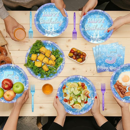 Snowflake Winter Wonderland 5th Birthday Paper Plates Napkins Forks Disposable Dinnerware Happy 5th Birthday Blue and Purple Winter Snowflake Tableware for Kids Christmas onderland Party Decorations
