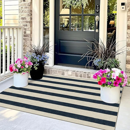 Blue and White Striped Entry Rug - 3x5 Ft Washable Indoor Outdoor Front Door Mat Outside Entrance Front Porch Mat Non-Slip Floor Carpet for Bedroom Entryway Kitchen Office Porch Decor