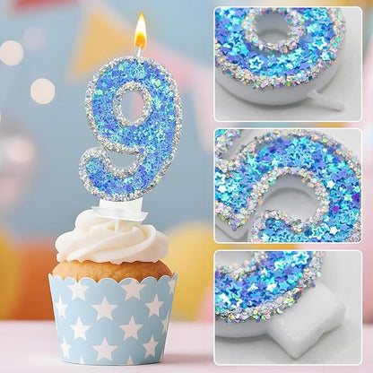 Blue Star Number 9 Candle for Cake Decoration, Glitter Star Cake Topper, Shaker Style Number Candle for Anniversary Celebration Party Supplies